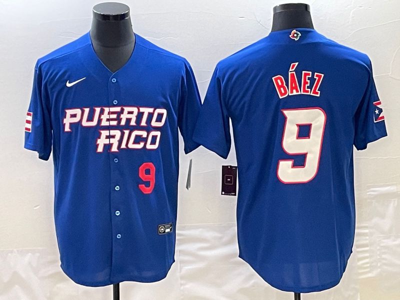 Men 2023 World Cub Puerto Rico #9 Baez Blue Nike MLB Jersey5->->MLB Jersey